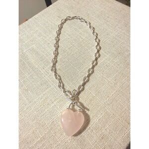 Rose Quartz heart chainlink silvertone trending chunky healing gemstone necklace